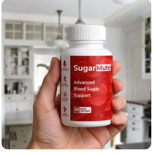 Hand holding SugarMute bottle in kitchen